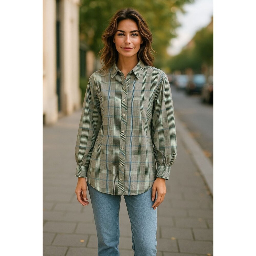 New York & Company Plaid Hi Lo Blouse Button Up Shirt Long Sleeve Womens XL